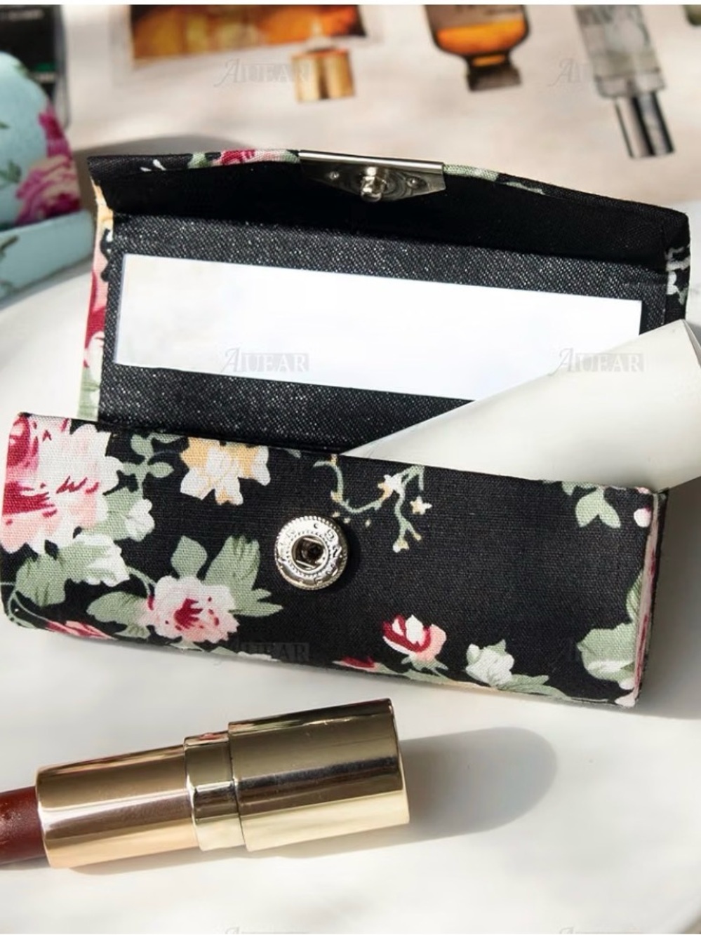 Floral Lipstick Case With Mirror For Purse Travel Holder black floral